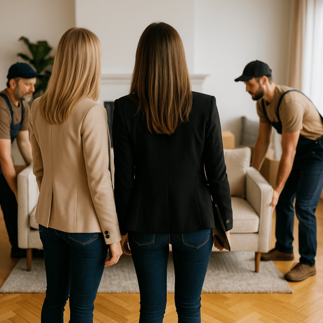 Two young female realtors overseeing home staging while movers position furniture